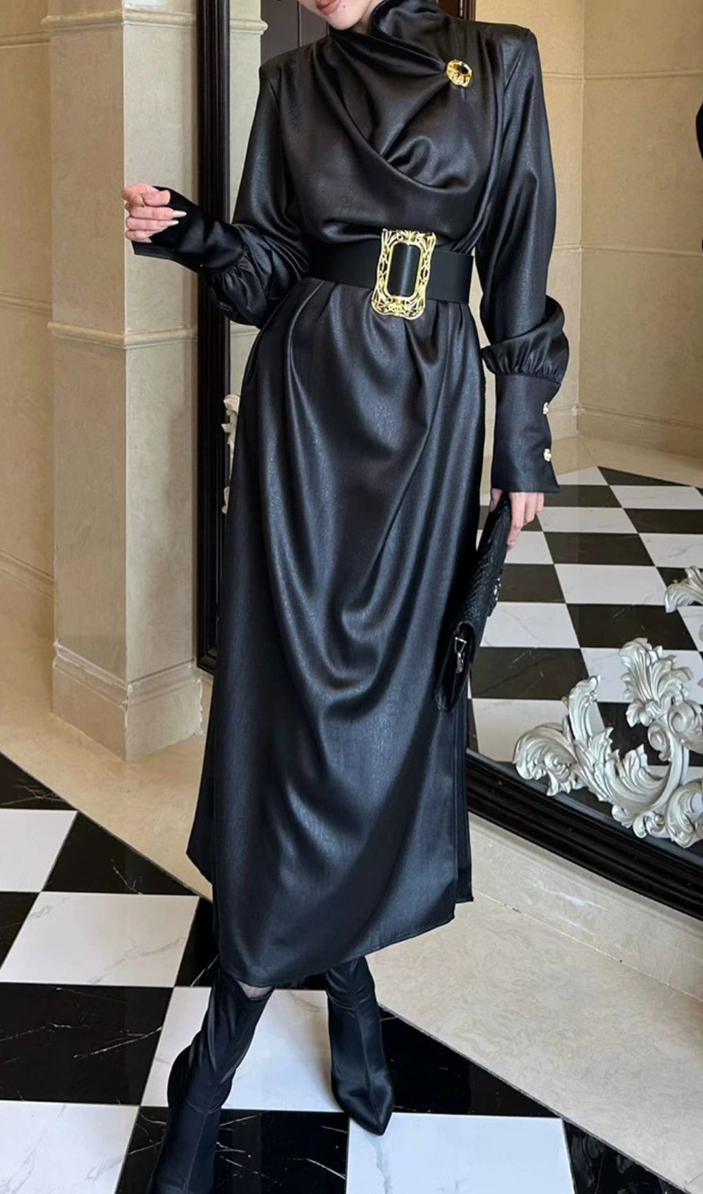 Imad Black Elegant Long Sleeve Belted Maxi Dress - Statement Gold Buckle