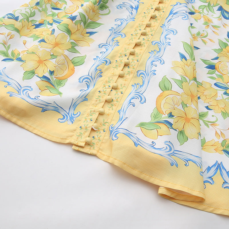 Lemon Floral Single-Breasted Midi Dress With Belt - Yellow