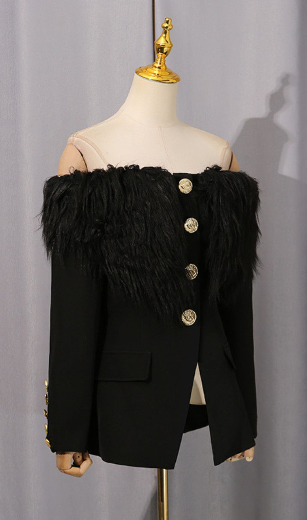 Hyunh Black Off-Shoulder Faux Fur Blazer | Golden Eye Buttons