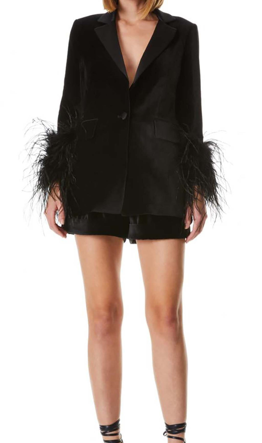 Velvet Feather-Trim Jacket In Black