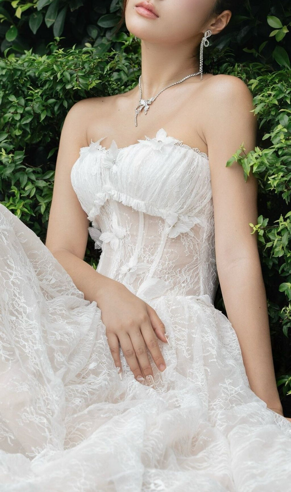 Keilani Elegant White Strapless Lace Maxi Dress | Butterfly Applique Bridal Gown