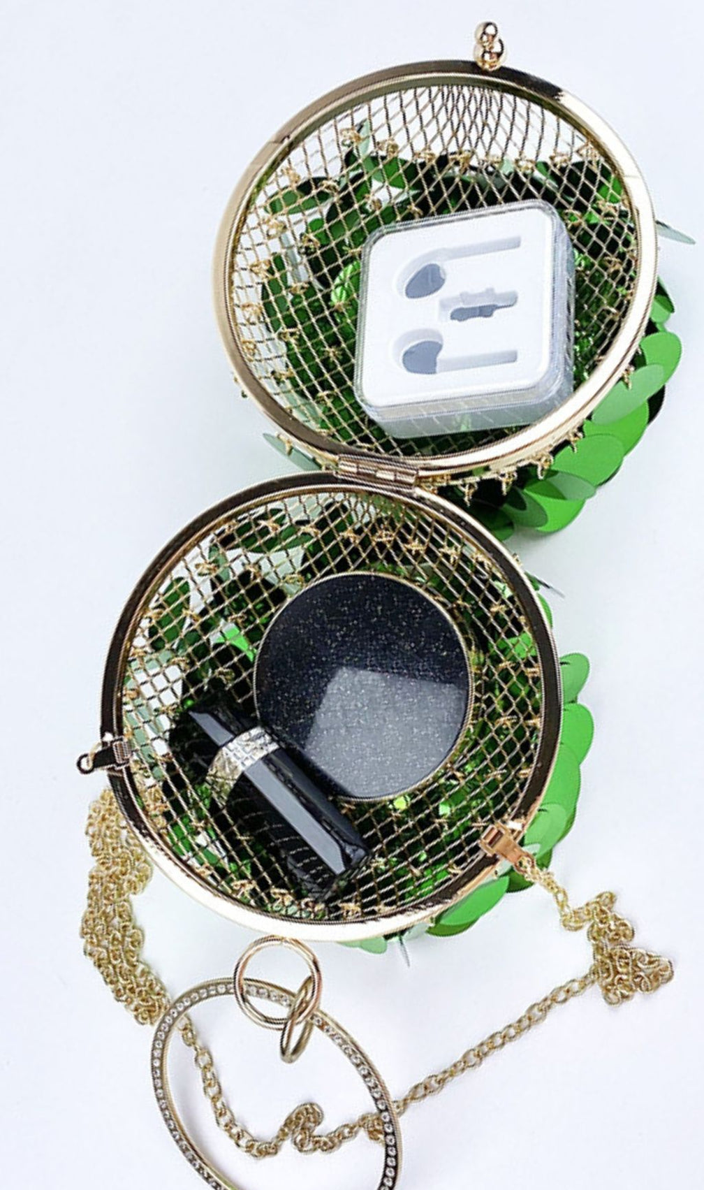 Adaiba Dazzling Green Sequin Ball Clutch | Statement Ring Handle Bag
