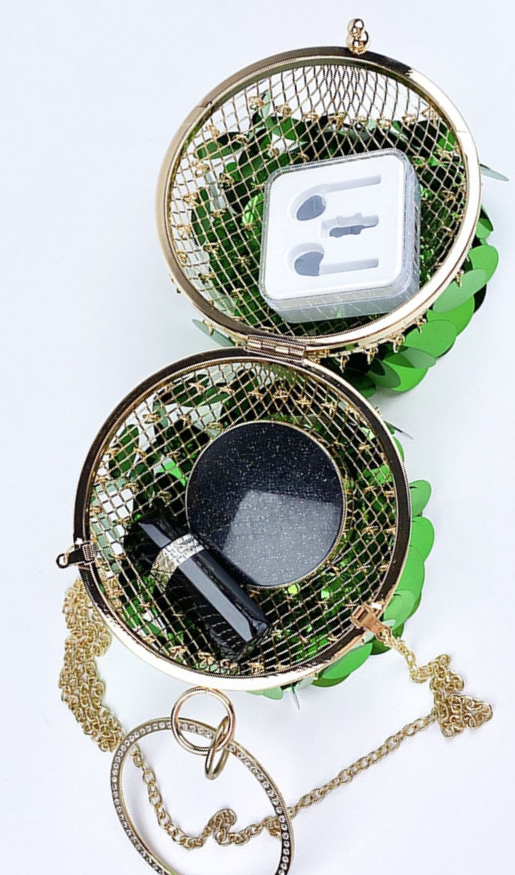 Adaiba Dazzling Green Sequin Ball Clutch | Statement Ring Handle Bag