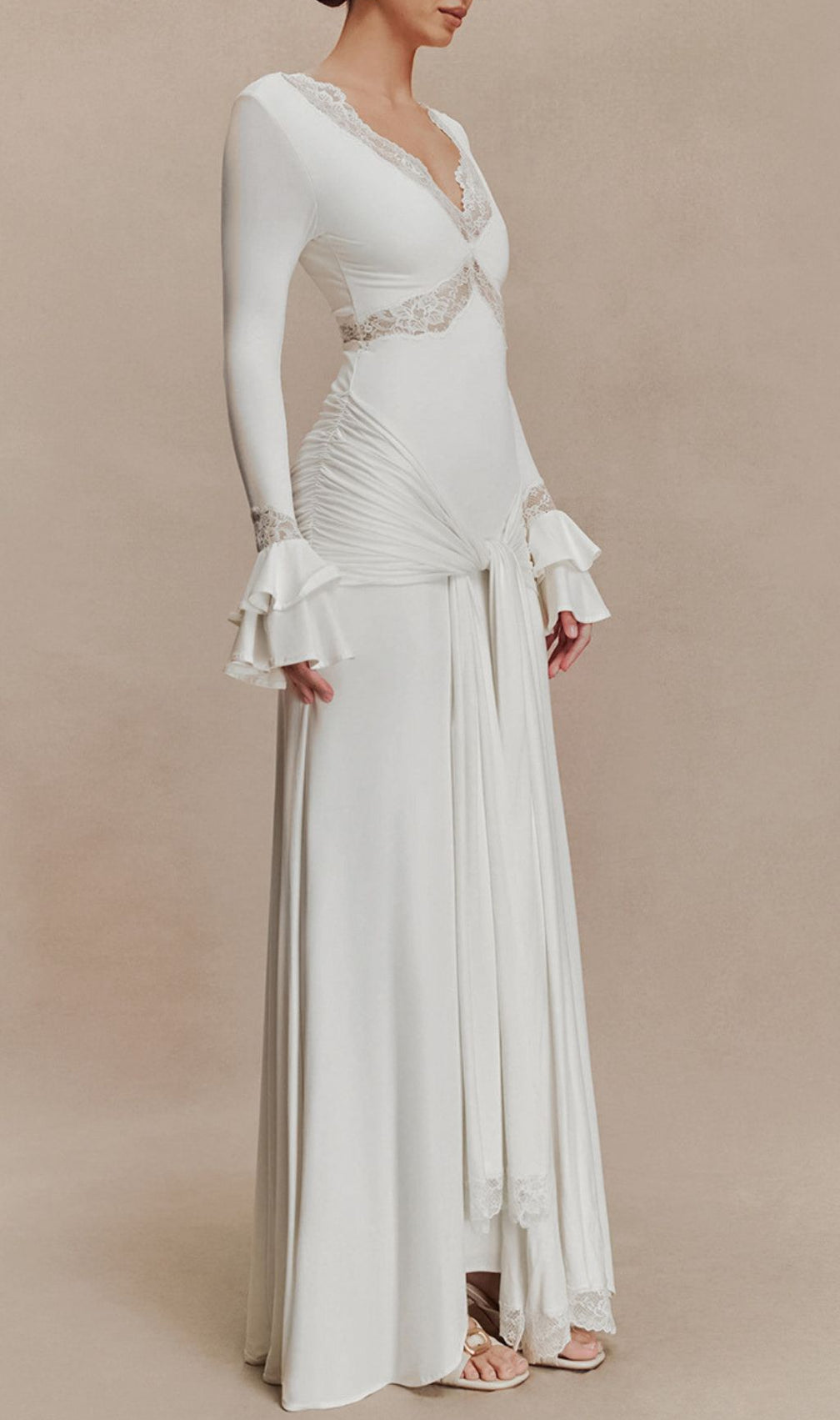 Akeelah Graceful Lace-Trimmed Flare Sleeve Maxi Dress | Tie-Waist Elegance