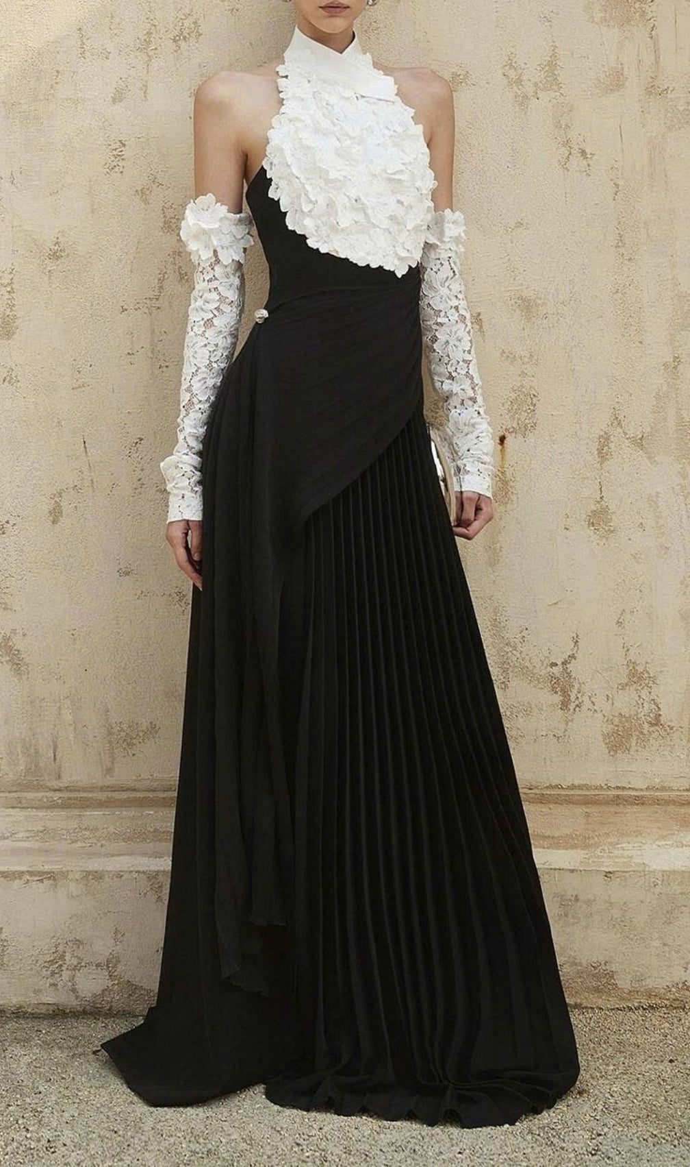 Kavi Elegant Black & White Halter Ruffle Pleated Maxi Dress