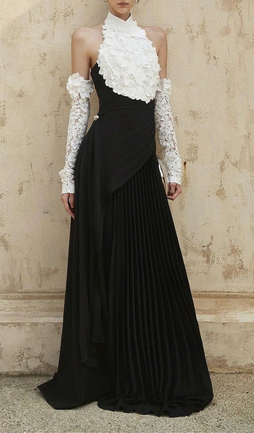Kavi Elegant Black & White Halter Ruffle Pleated Maxi Dress