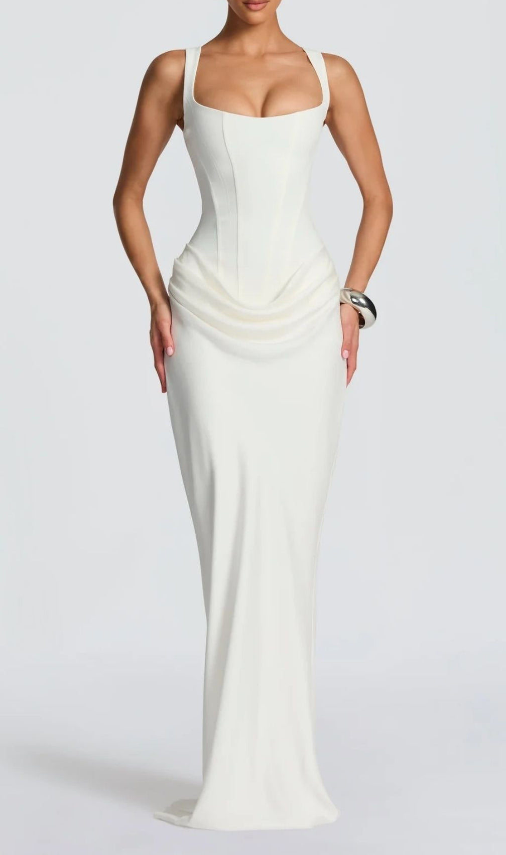 Keelia White Corset Ruched Maxi Dress - Sculpted Elegance for Bridal & Special Occasions