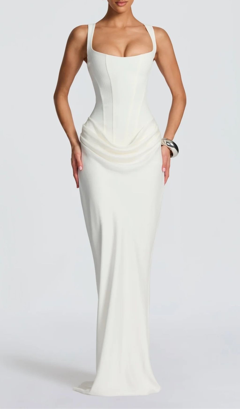 Keelia White Corset Ruched Maxi Dress - Sculpted Elegance for Bridal & Special Occasions