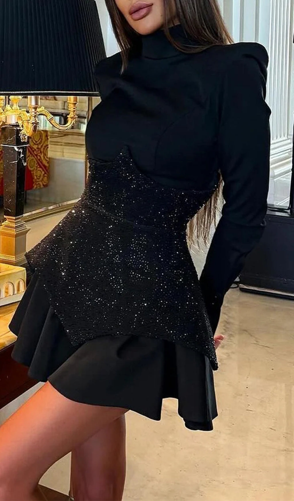 Atiya Rhinestone Long Sleeve Mini Dress