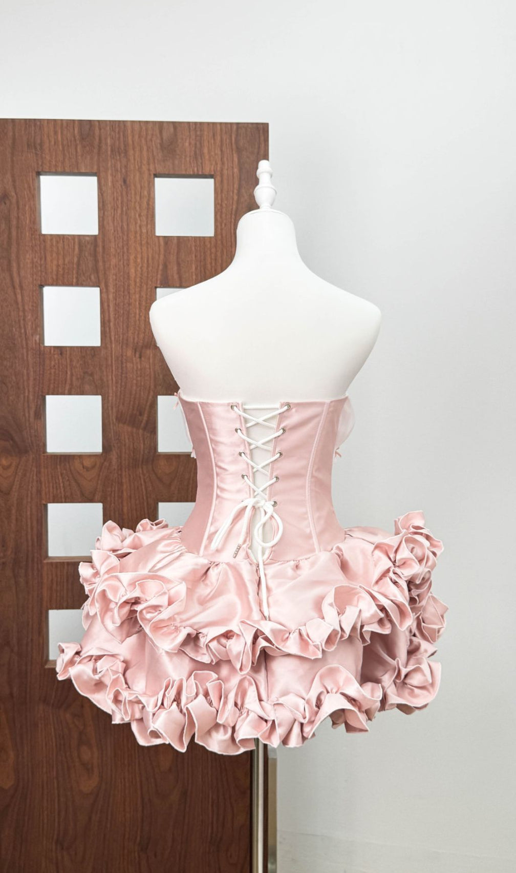 Irca Glam Pink Satin Ruffled Strapless Corset Mini Dress