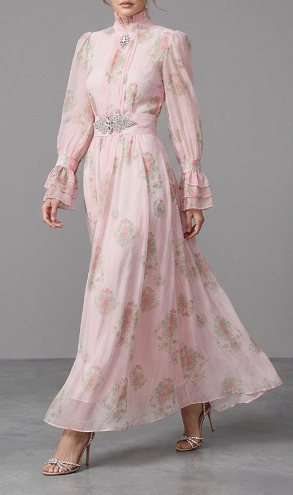 Kaui Elegant Pink Floral Long Sleeve Maxi Dress | Wedding Guest & Garden Party