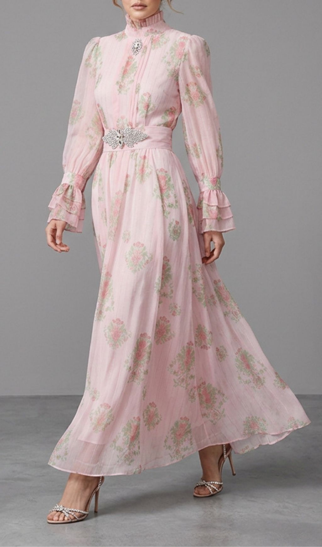 Kaui Elegant Pink Floral Long Sleeve Maxi Dress | Wedding Guest & Garden Party