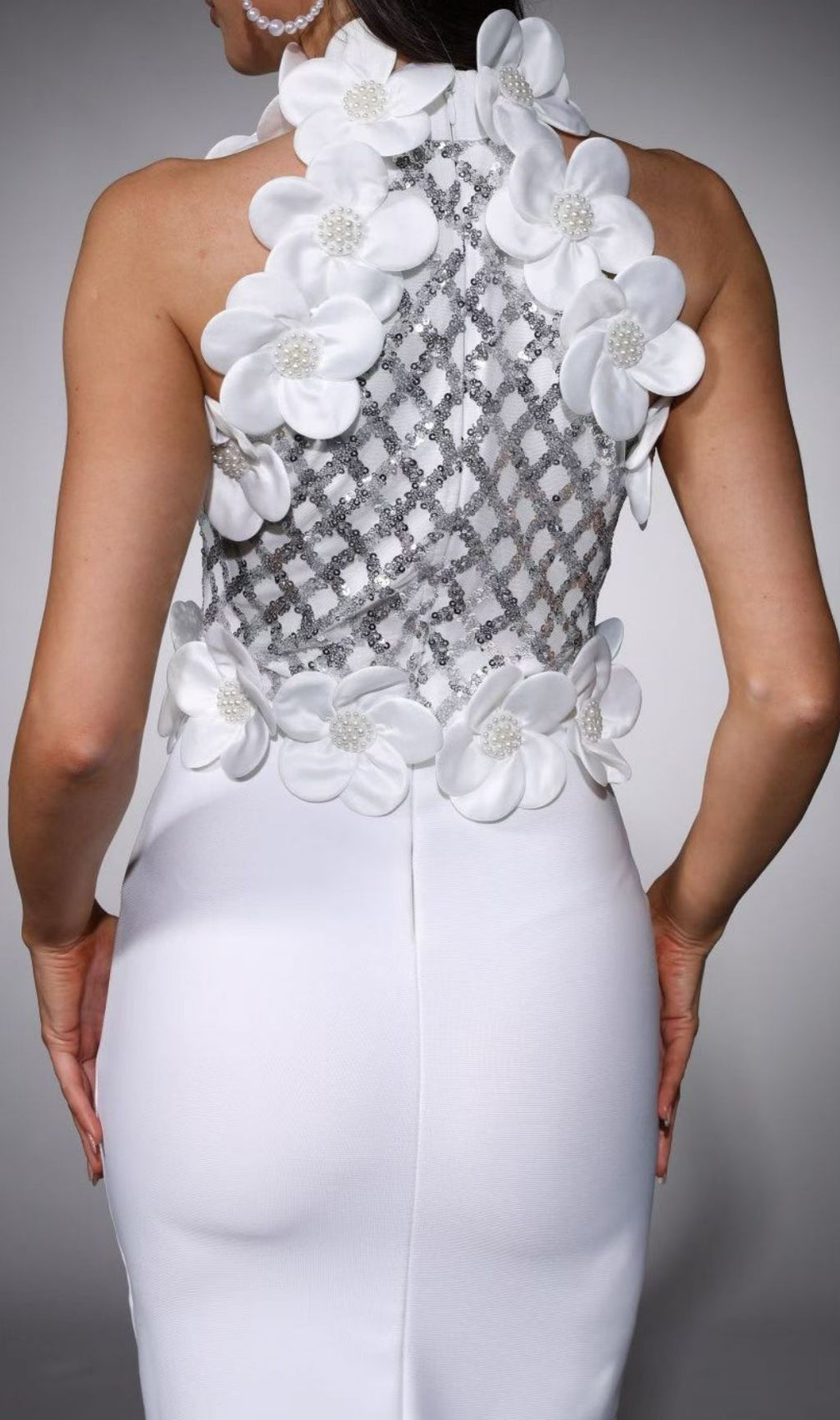 Kendi White Halter Sequin & 3D Floral Maxi Dress | Elegant Bandage Gown
