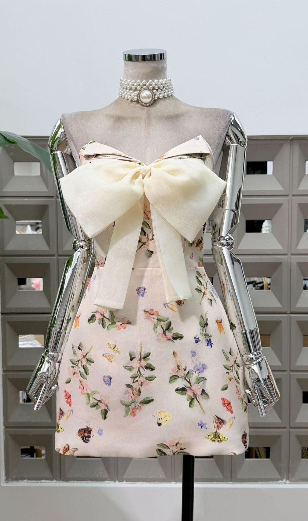 Krishna Strapless Bow Floral Mini Dress