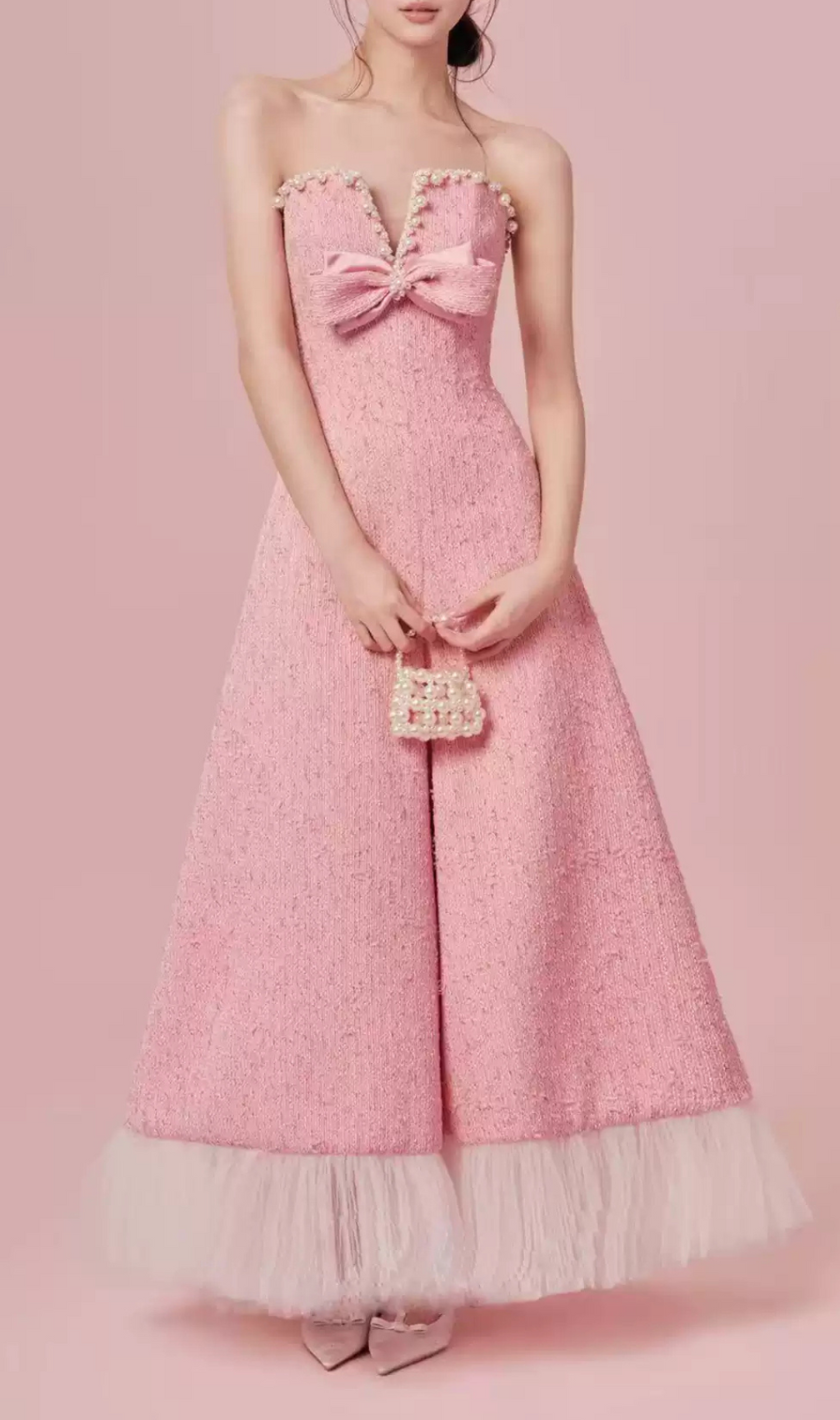 Gaphna Pink Beaded Bow Maxi Dress