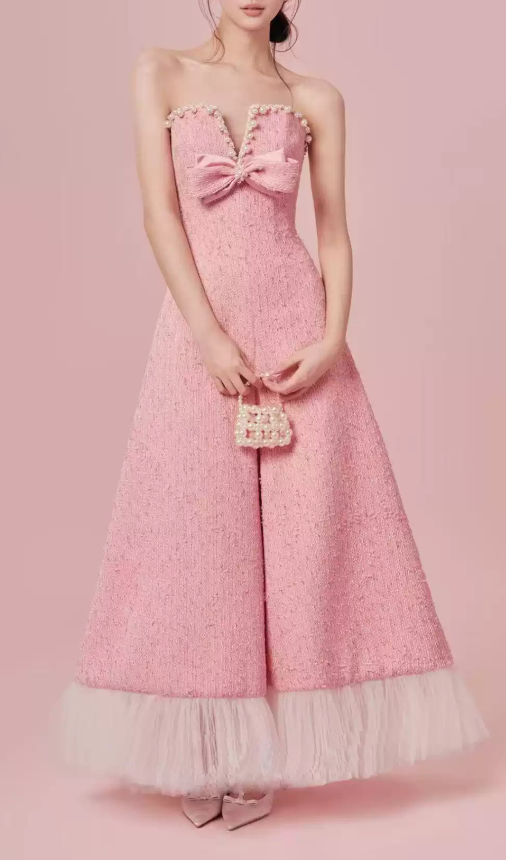 Gaphna Pink Beaded Bow Maxi Dress