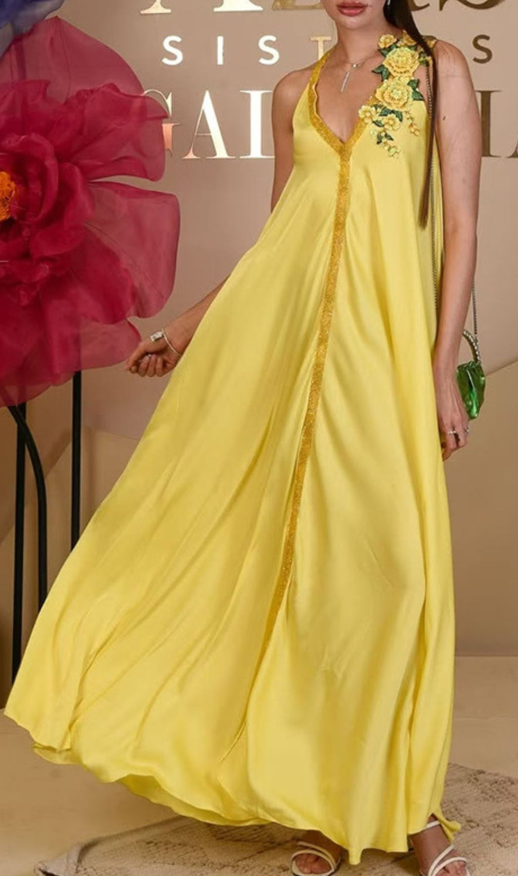 Inge Radiant Yellow Halter Maxi Dress with 3D Floral Appliques - Chic Flowy Gown