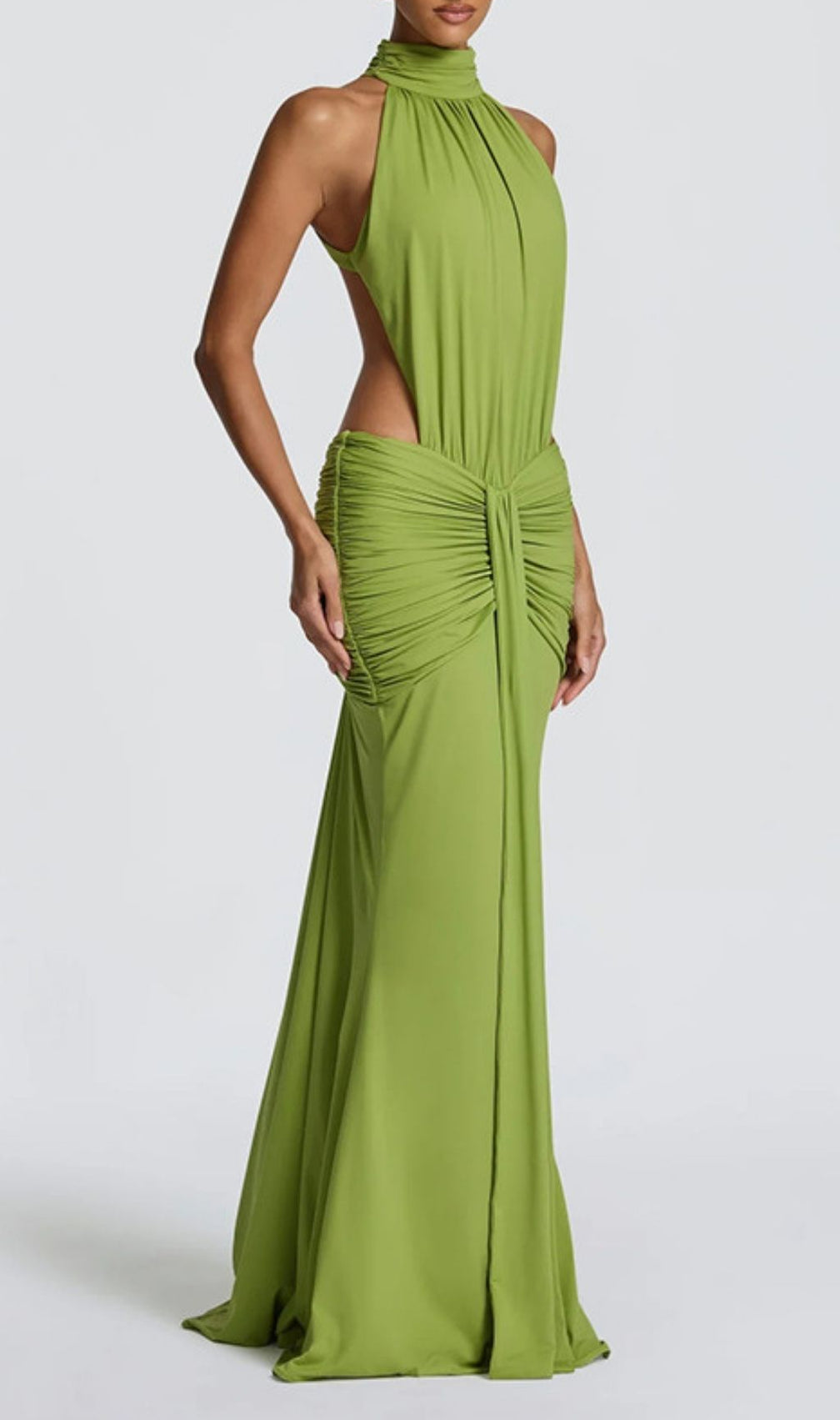 Kirya Green Ruched Backless Maxi Dress