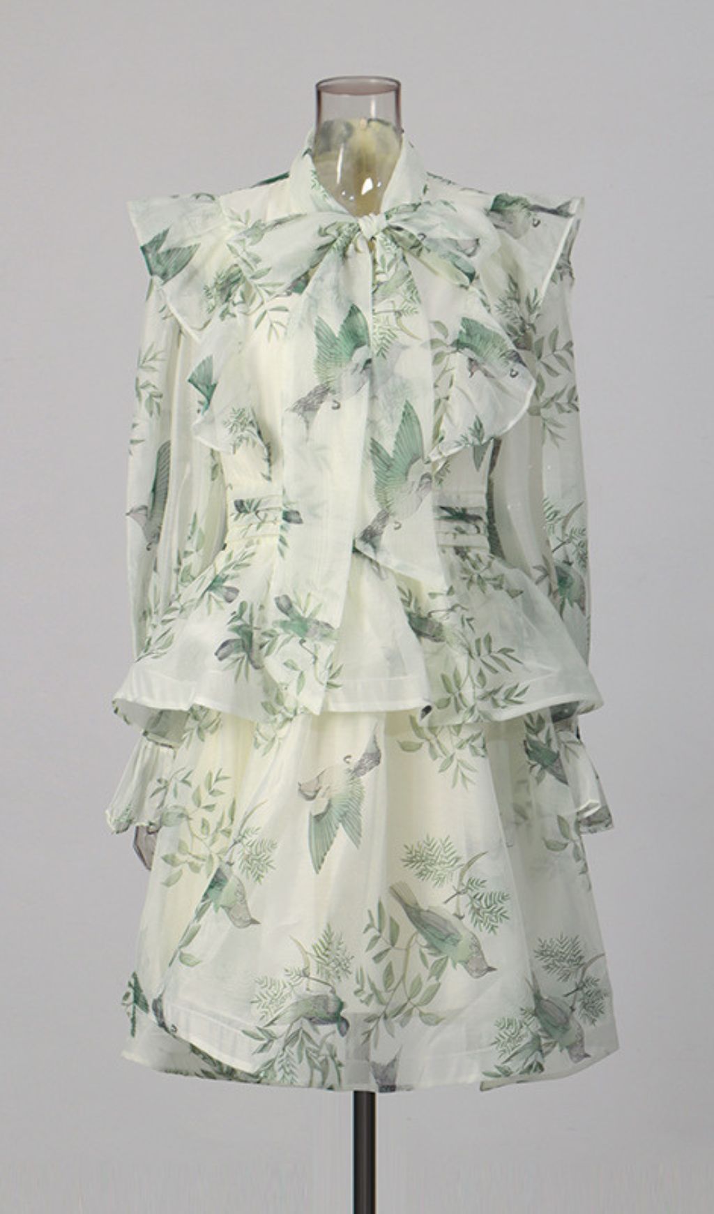 Kaela Chic Whimsical Bird Print Ruffle Long Sleeve Mini Dress