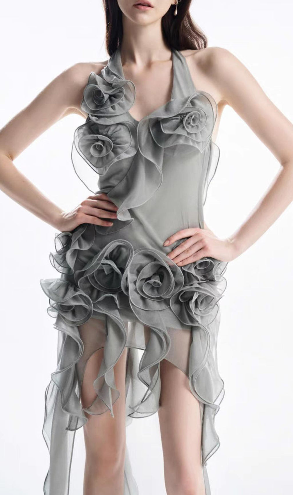 Hailey Grey Halter Flower Maxi Dress