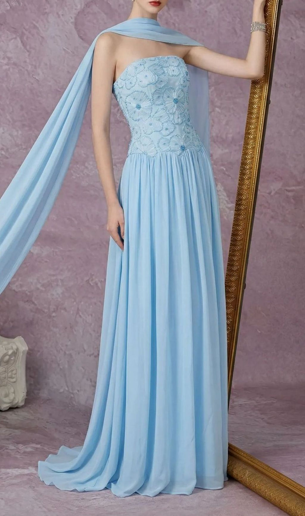 Kenley Sky Blue Strapless Floral Appliqué Maxi Gown with Shawl