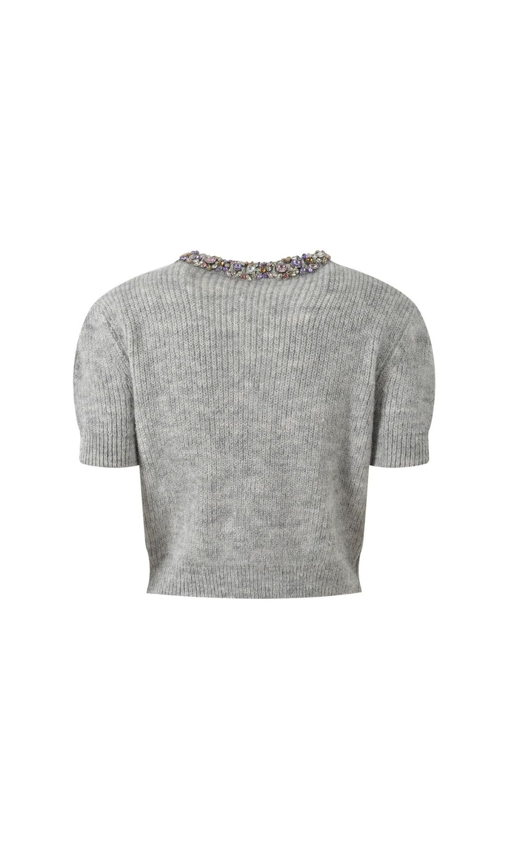 Henrike Luxe Grey Embellished Knit Top - Sparkling Short Sleeve Style