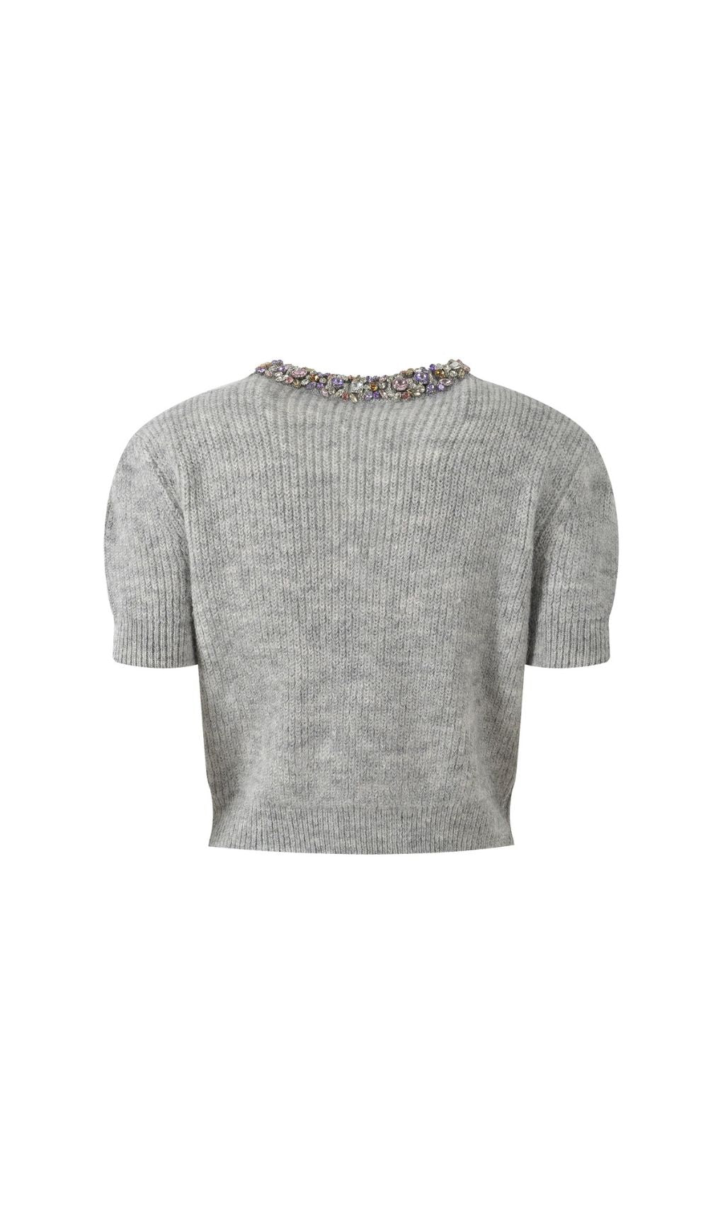 Henrike Luxe Grey Embellished Knit Top - Sparkling Short Sleeve Style