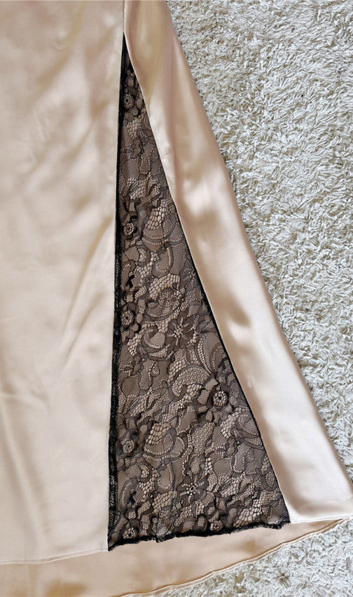 Sultry Champagne Satin Midi Slip Dress with Cowl Neck, Lace Slit & Tie-Back