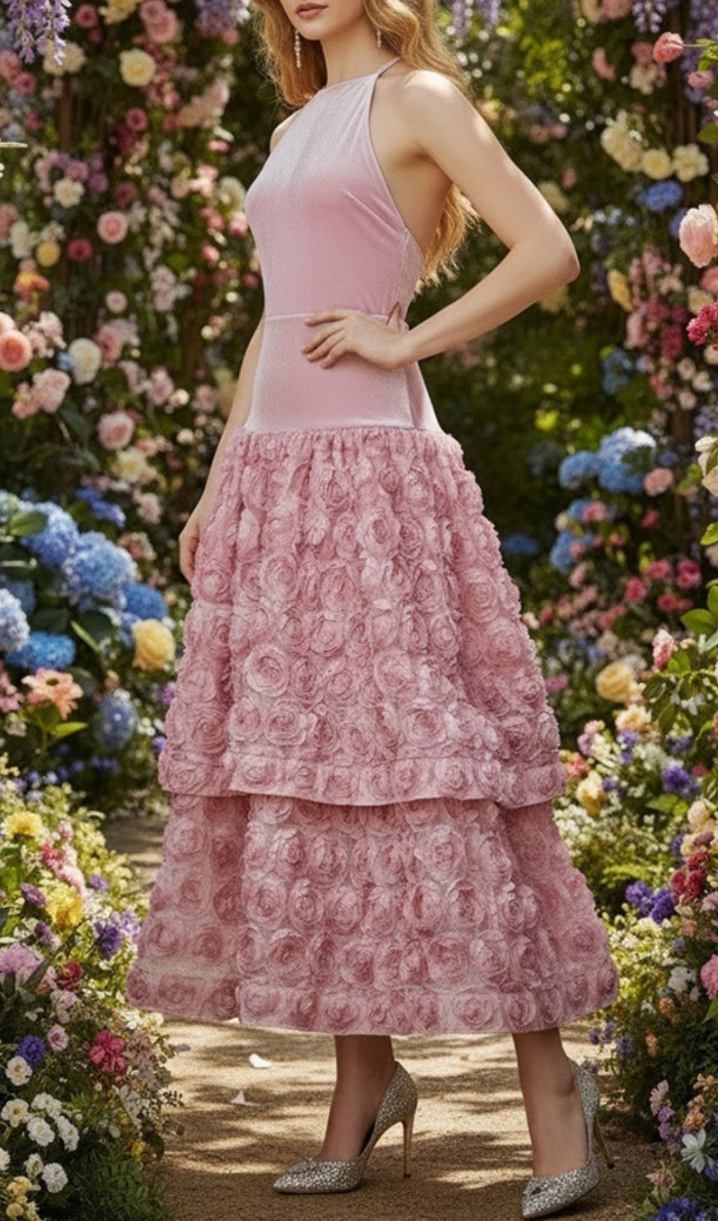 Jonila Romantic Pink Halter Midi Dress with Tiered 3D Rose Appliqué Skirt