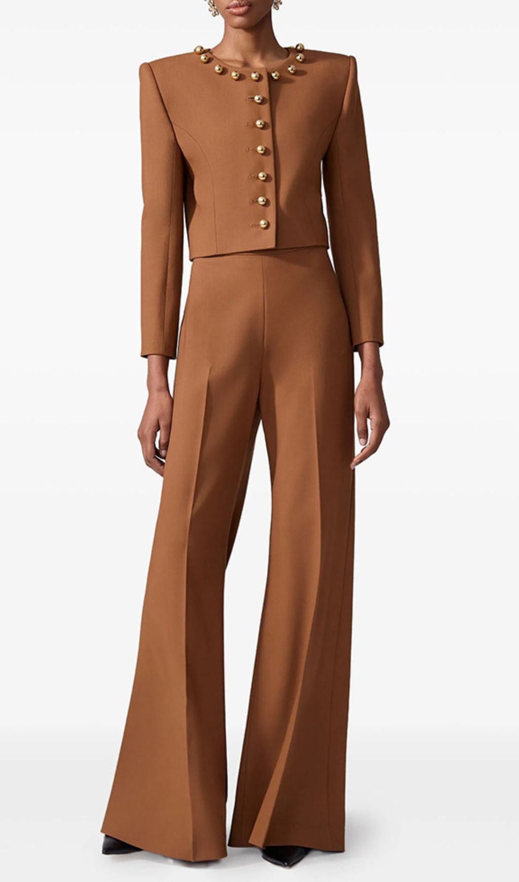 Jennifer Chic Gold Button Cropped Jacket & Wide-Leg Pants Set