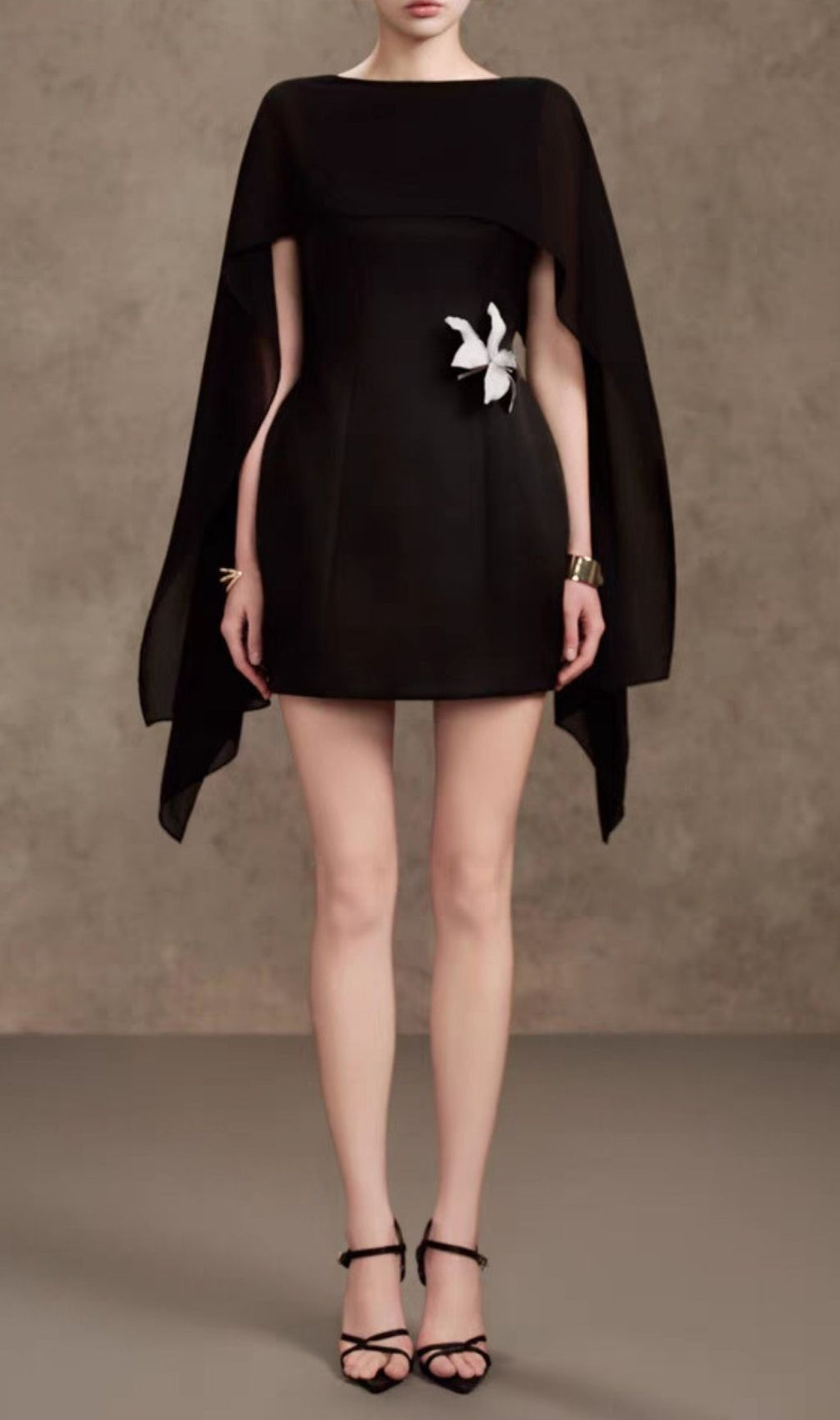 Kenya Bloom Black Floral Mini Dress with Elegant Cape Shawl