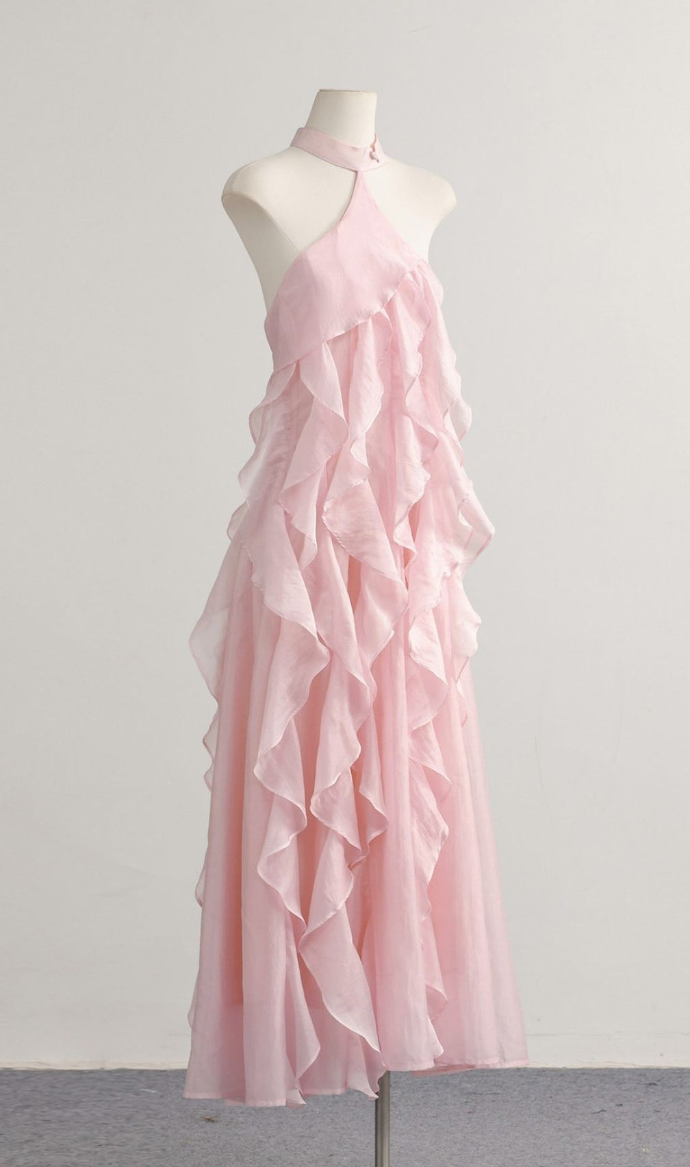 Kora Pink Halter Ruffle Maxi Dress