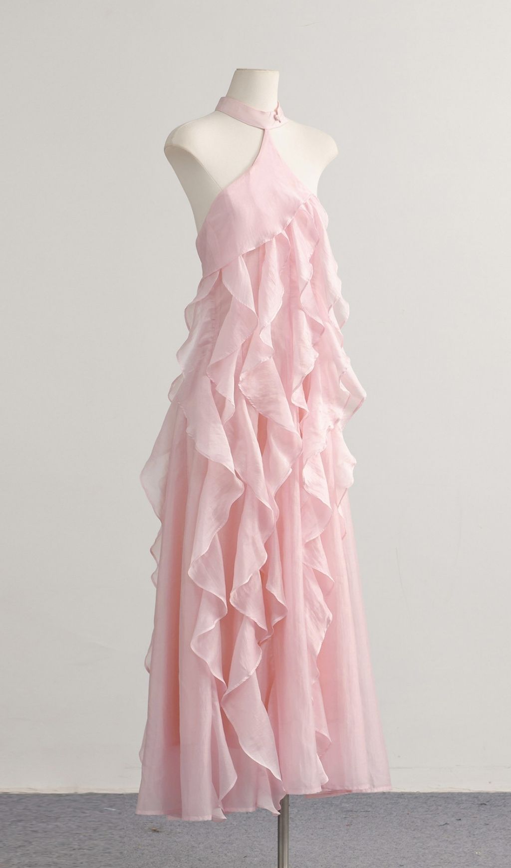 Kora Pink Halter Ruffle Maxi Dress