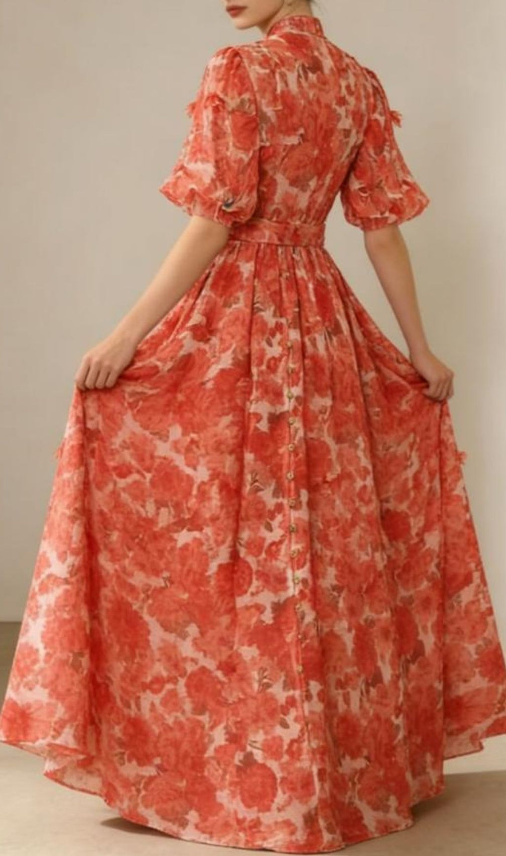 Karmela Romantic Floral Puff-Sleeve Maxi Dress - Elegant Button-Front Gown