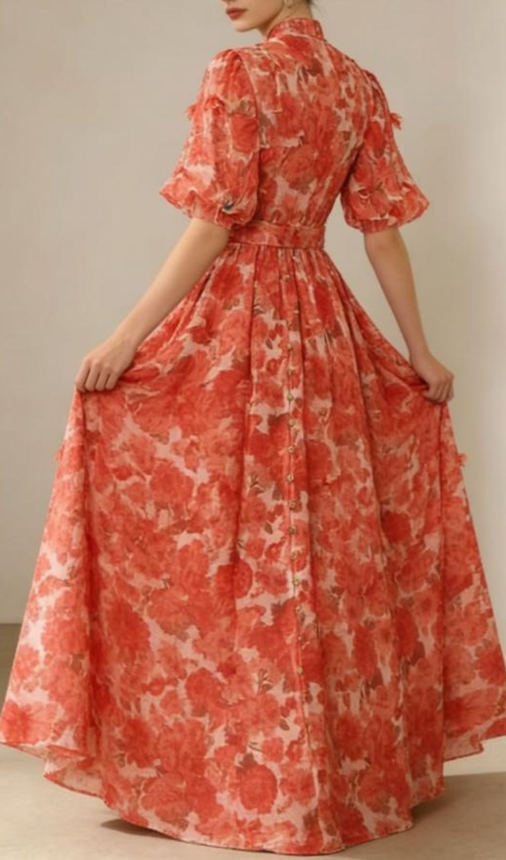 Karmela Romantic Floral Puff-Sleeve Maxi Dress - Elegant Button-Front Gown