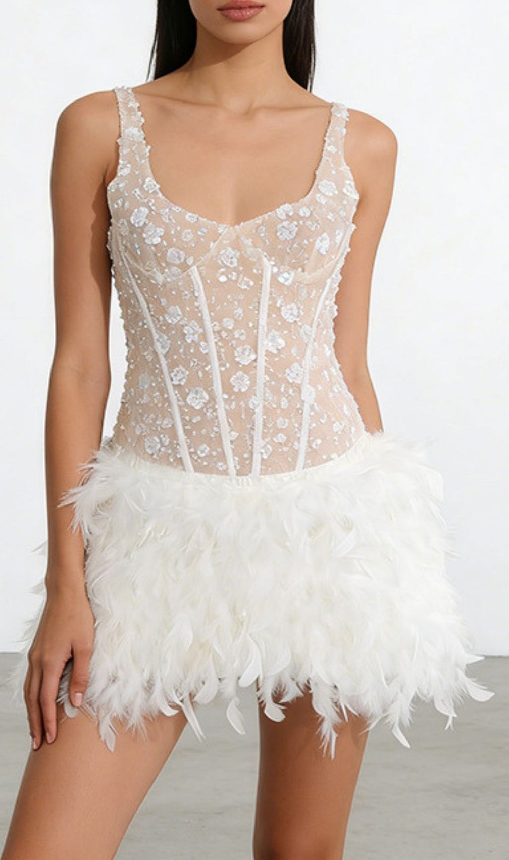 Kera Dazzling Floral Sequin Feather Mini Dress - Glamorous Party & Event Wear