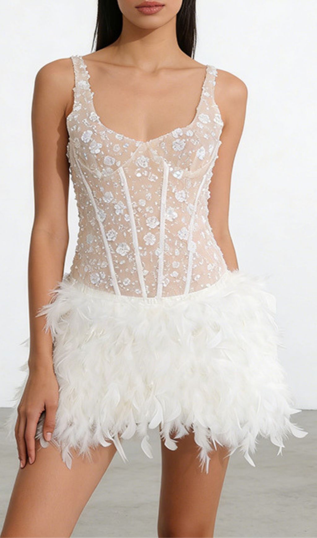 Kera Dazzling Floral Sequin Feather Mini Dress - Glamorous Party & Event Wear