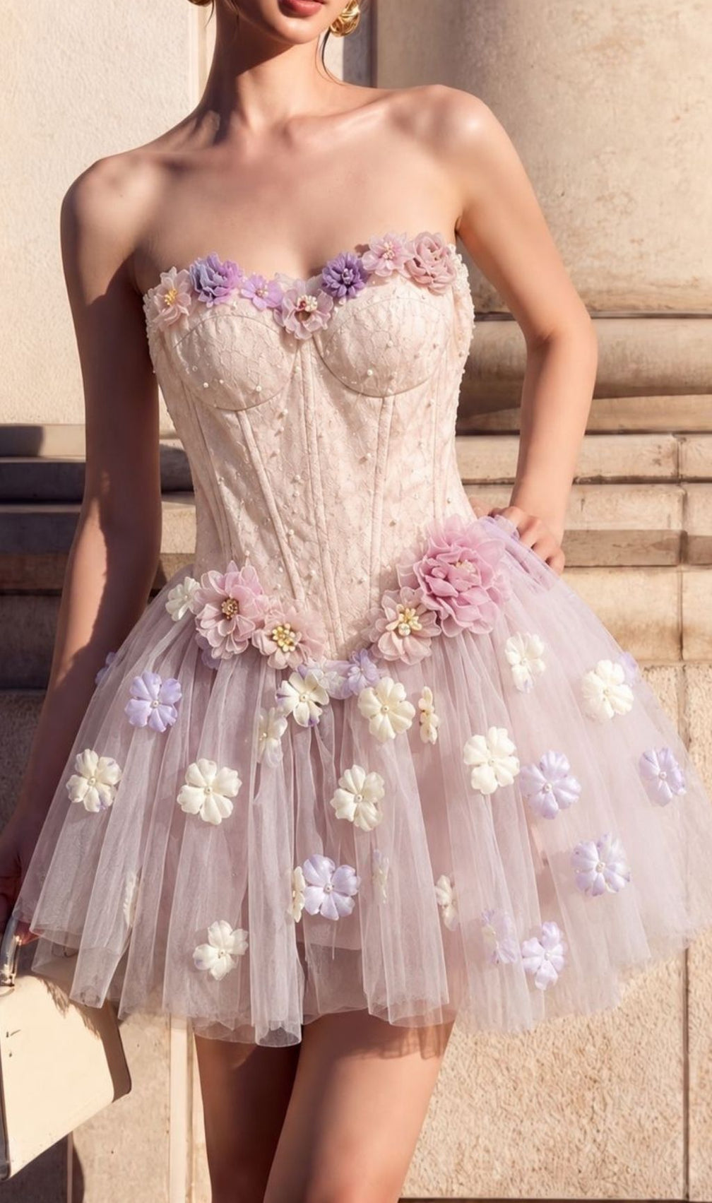 Kya Strapless Corset Flower Mesh Mini Dress