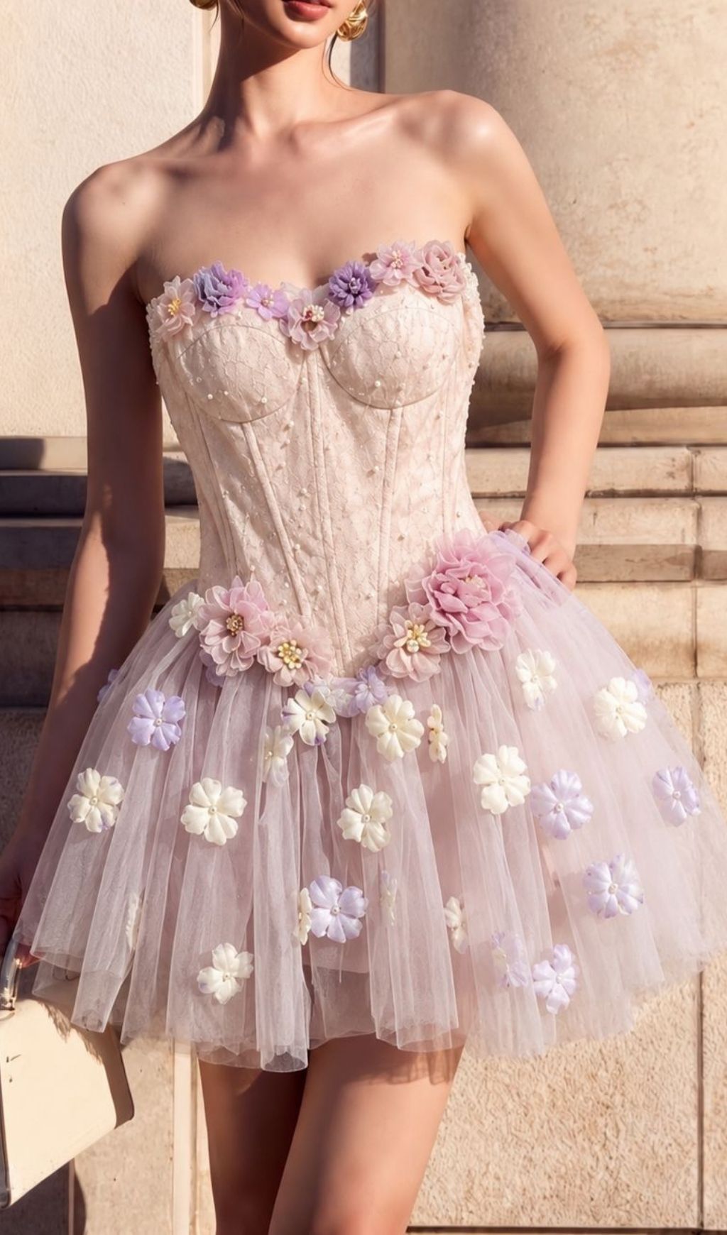 Kya Strapless Corset Flower Mesh Mini Dress