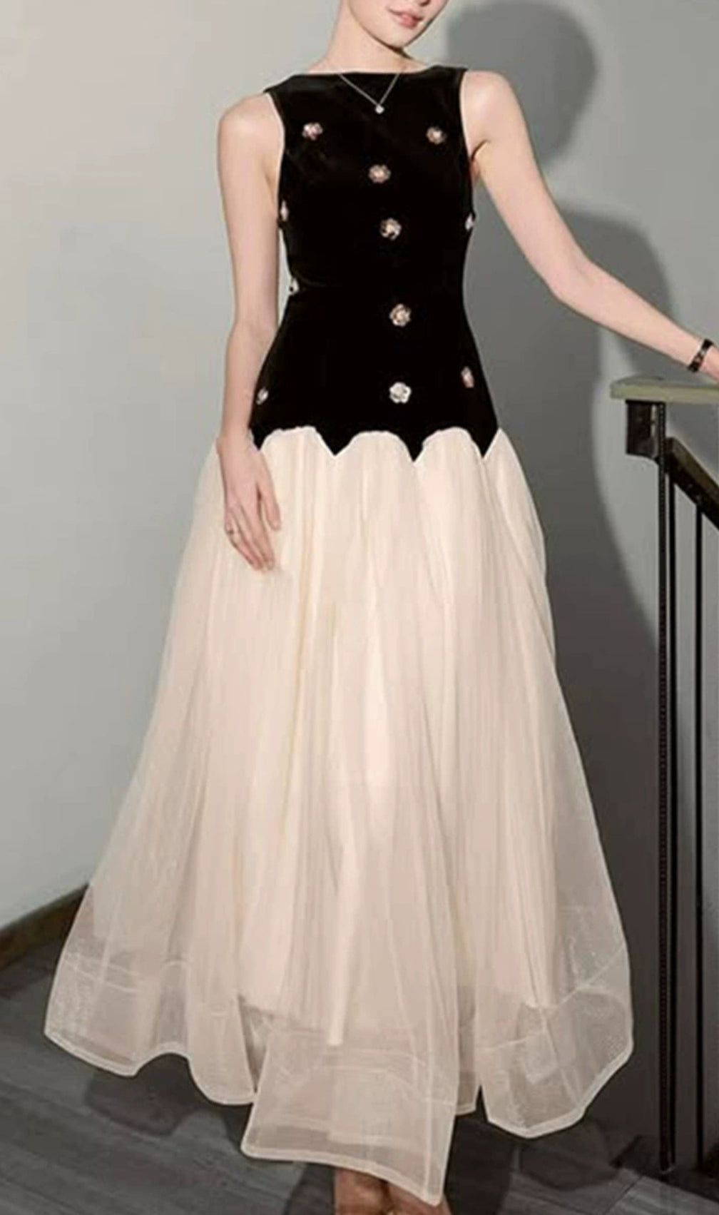 Eula Flower Embellished Mesh Maxi Dress