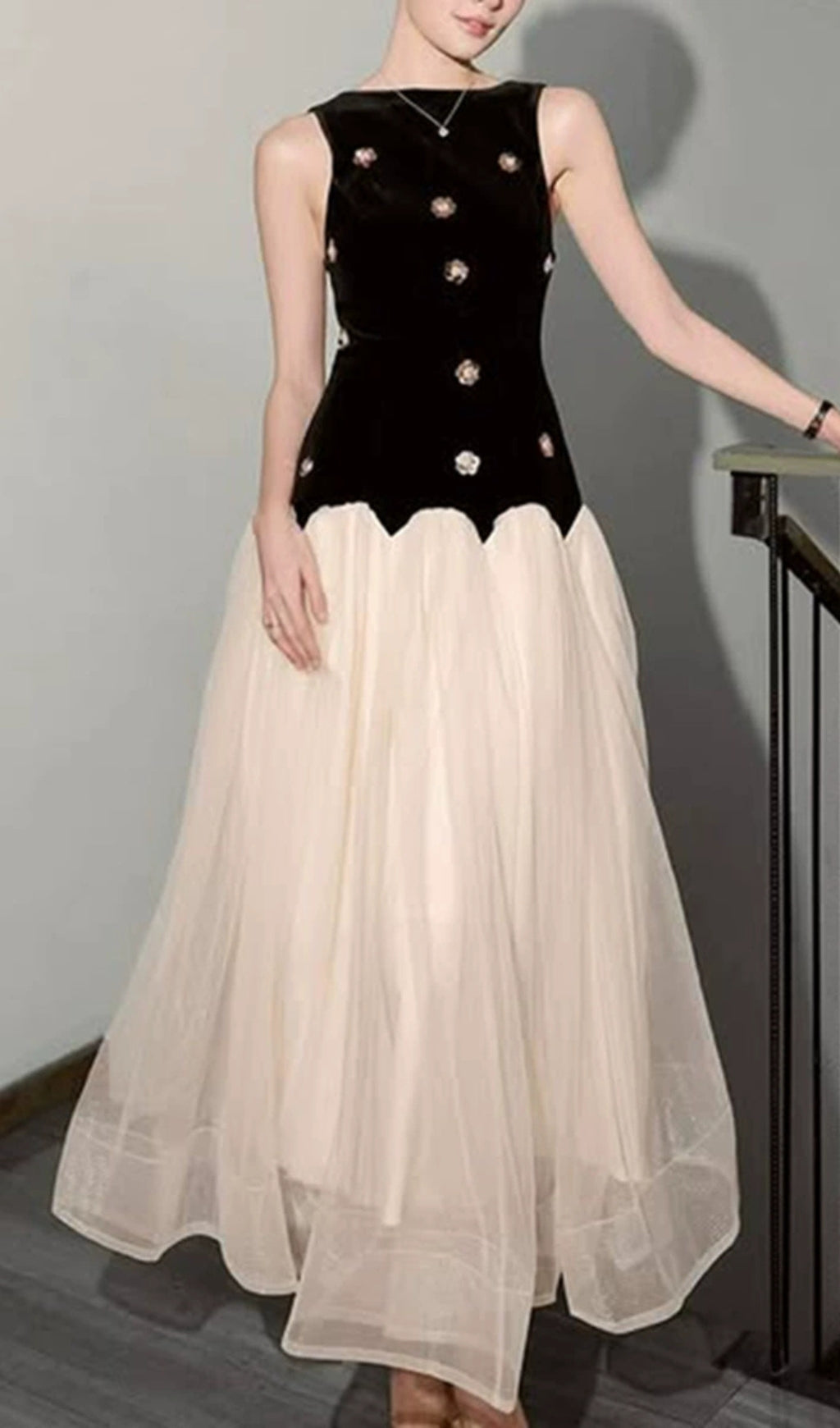 Eula Flower Embellished Mesh Maxi Dress