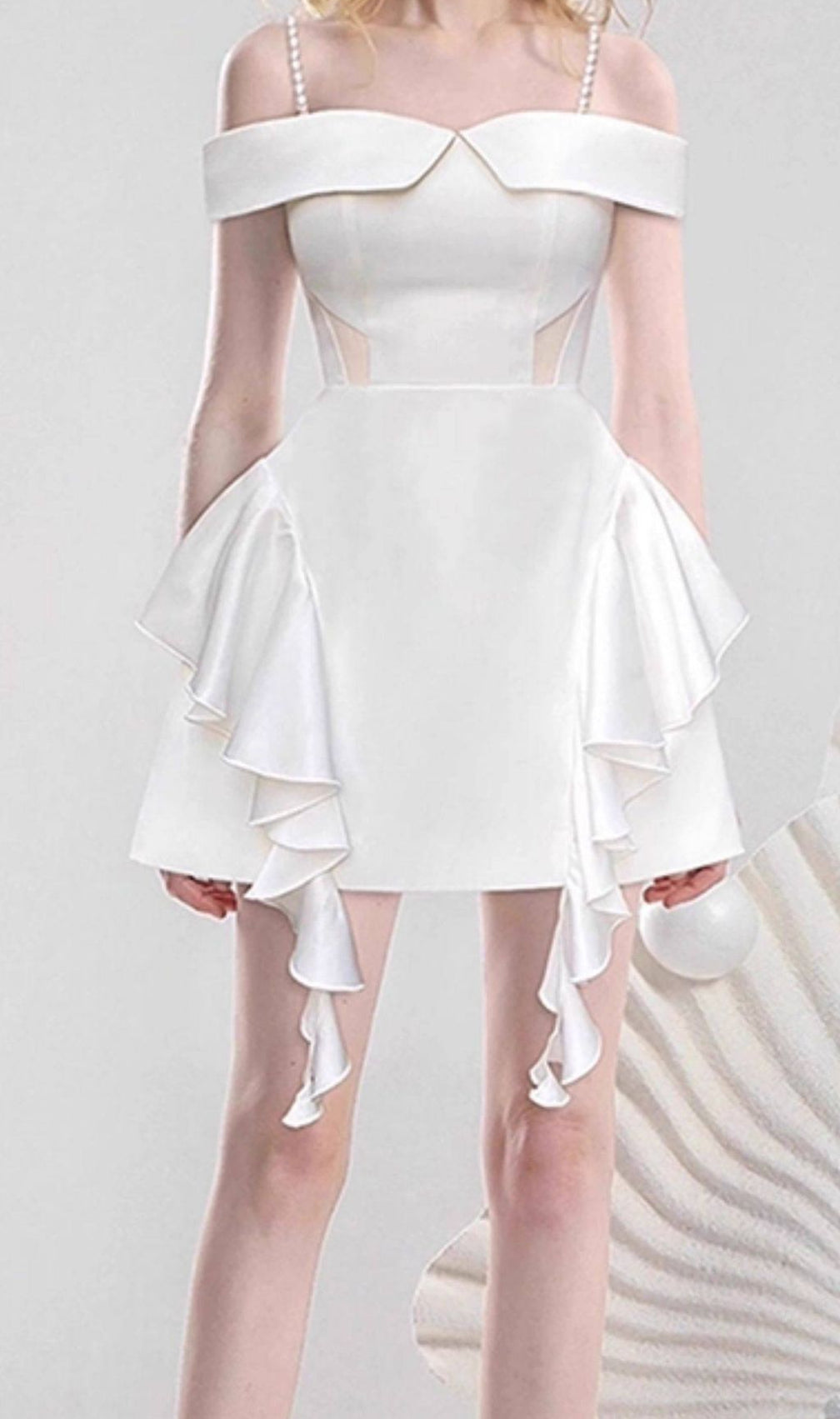 Jayleen White Ruffle Mini Dress | Chic Off-Shoulder with Pearl Straps for Bridal & Parties