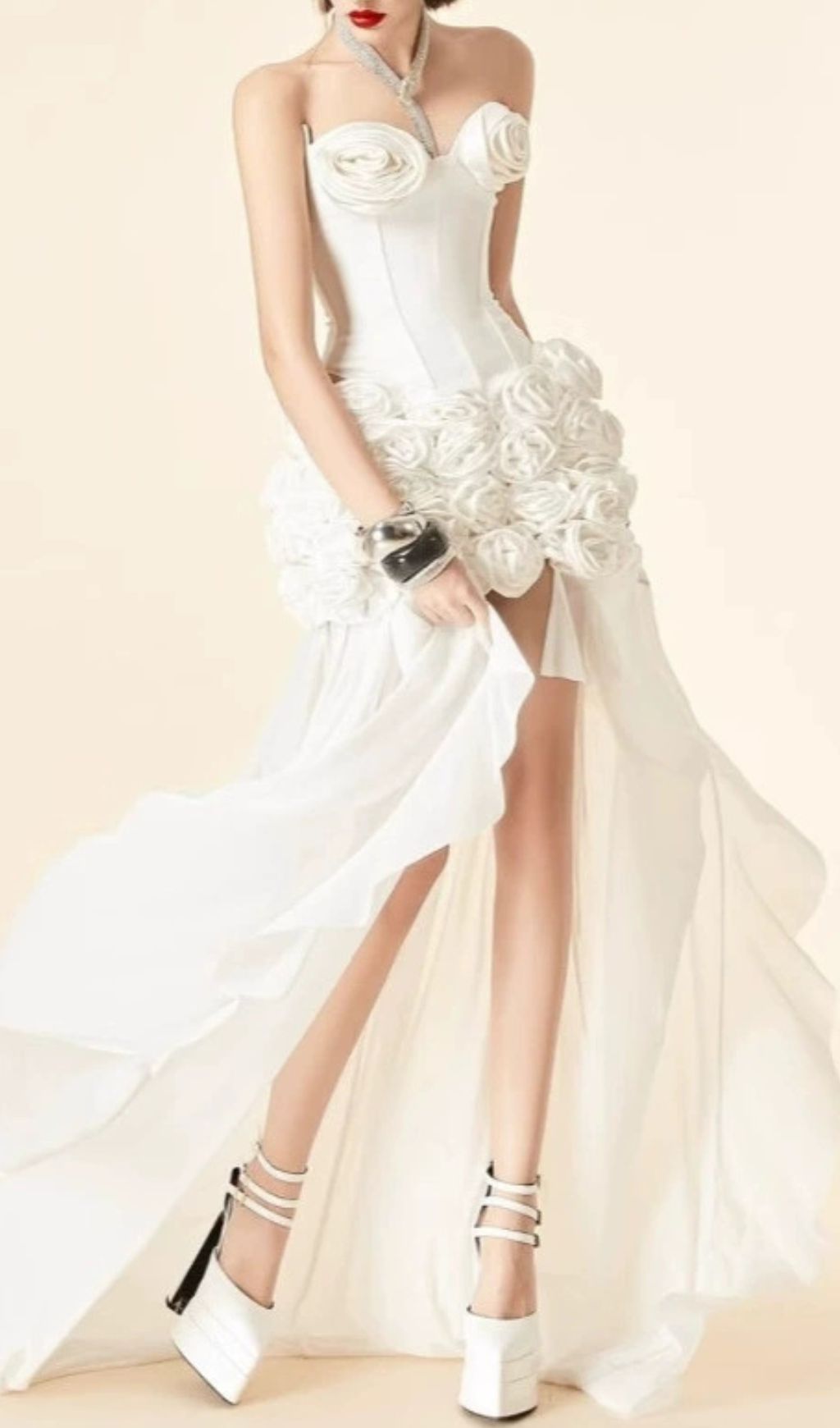 Stunning White 3D Rose Corset Top & Mini Skirt Set - Chic Party Outfit