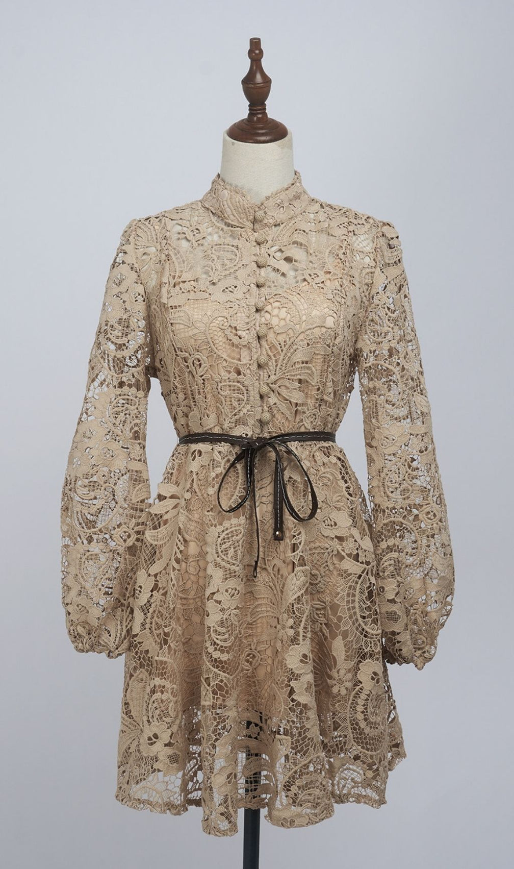 Kamela Elegant Embroidered Lace Long Sleeve Mock Neck Mini Dress