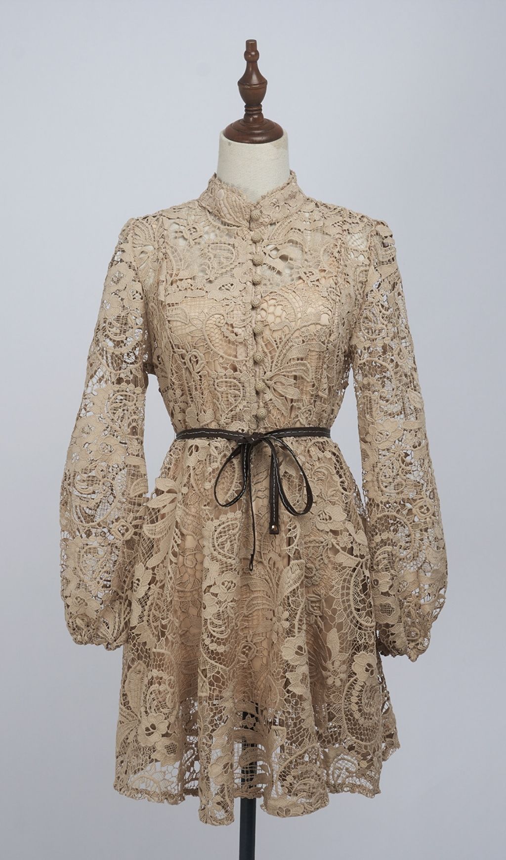 Kamela Elegant Embroidered Lace Long Sleeve Mock Neck Mini Dress