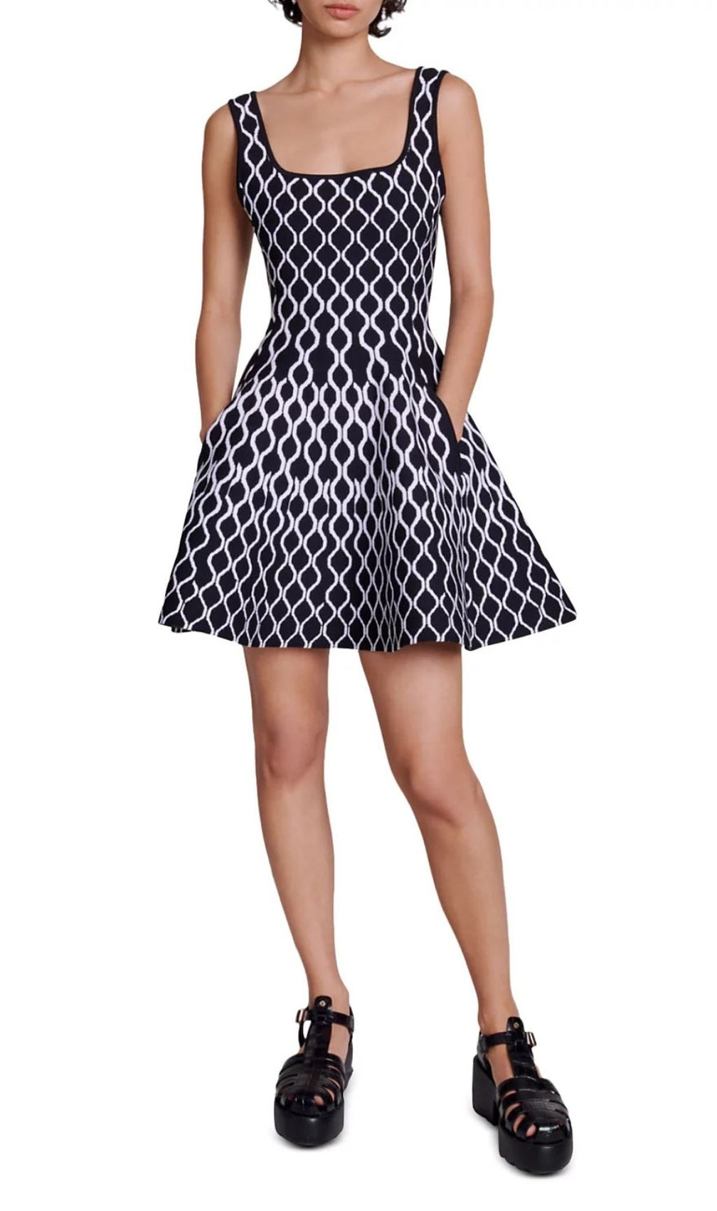 Russel Chic Geometric Knit Skater Dress with Square Neck & Pockets
