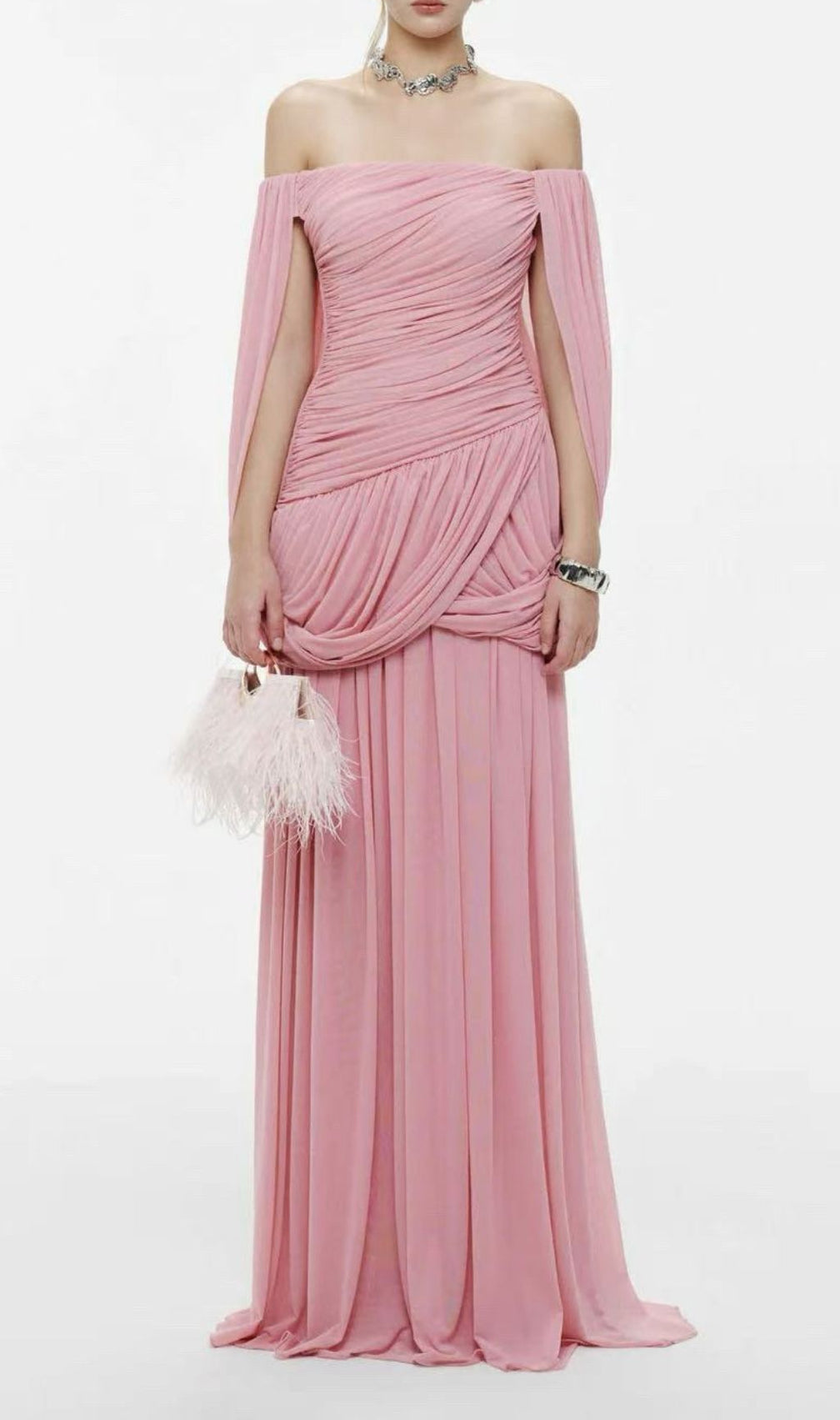 Kelsy Elegant Ruched Off-Shoulder Maxi Gown - Dusty Rose