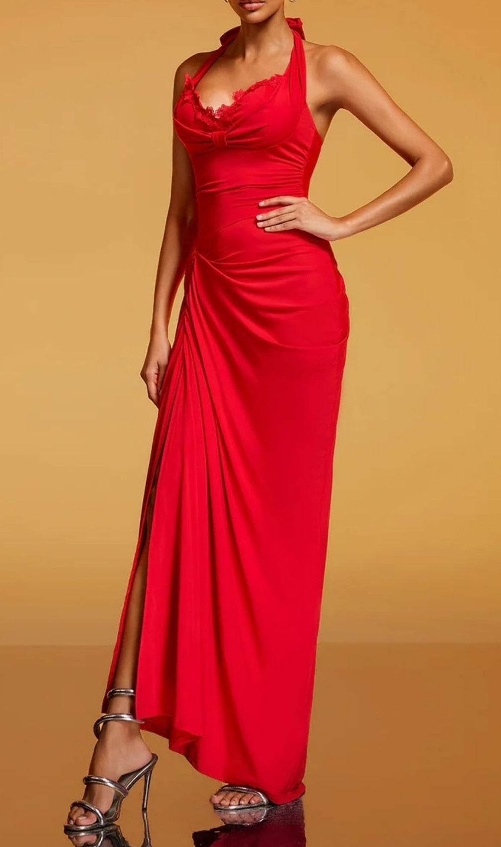 Rethik Halterneck Ruched Maxi Dress - Elegant Red Gown with High Split