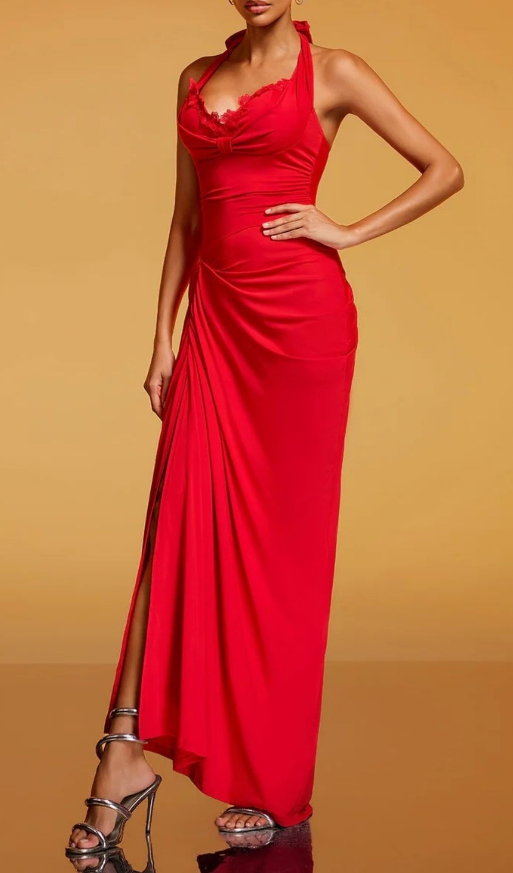 Rethik Halterneck Ruched Maxi Dress - Elegant Red Gown with High Split