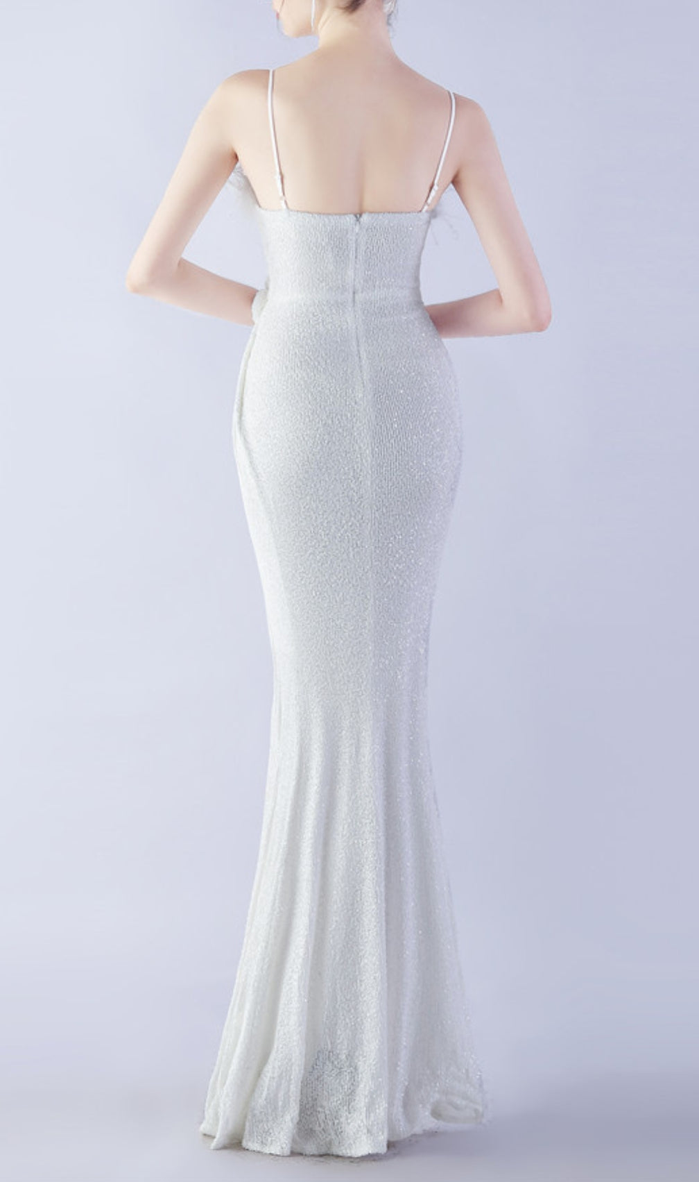 Chroma White Sequin Flower Feather Maxi Dress